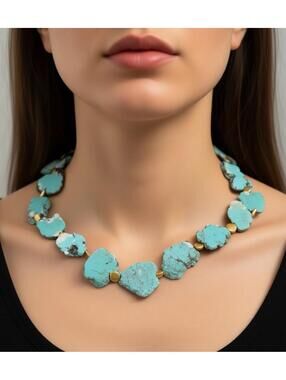 Chunky Turquoise Slab Statement Necklace Boho Southwest Free Form Blue Stone 18”